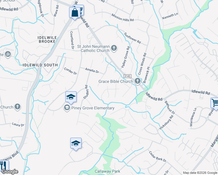 map of restaurants, bars, coffee shops, grocery stores, and more near 3001 Overlook Trail in Charlotte