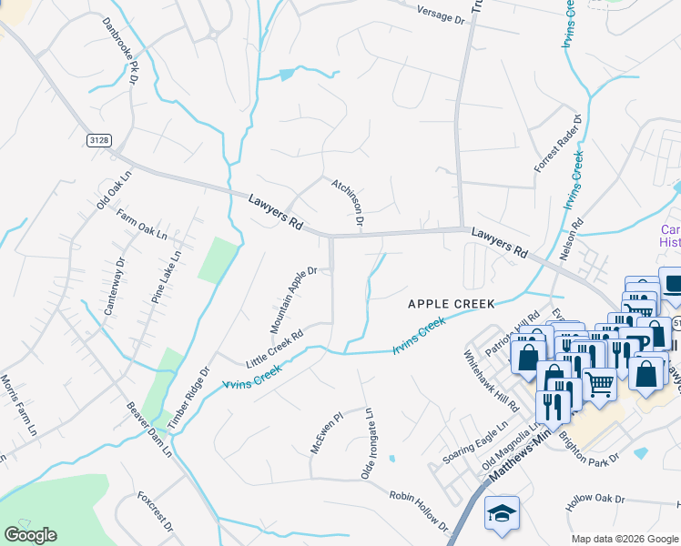 map of restaurants, bars, coffee shops, grocery stores, and more near 7460 Apple Creek Drive in Mint Hill