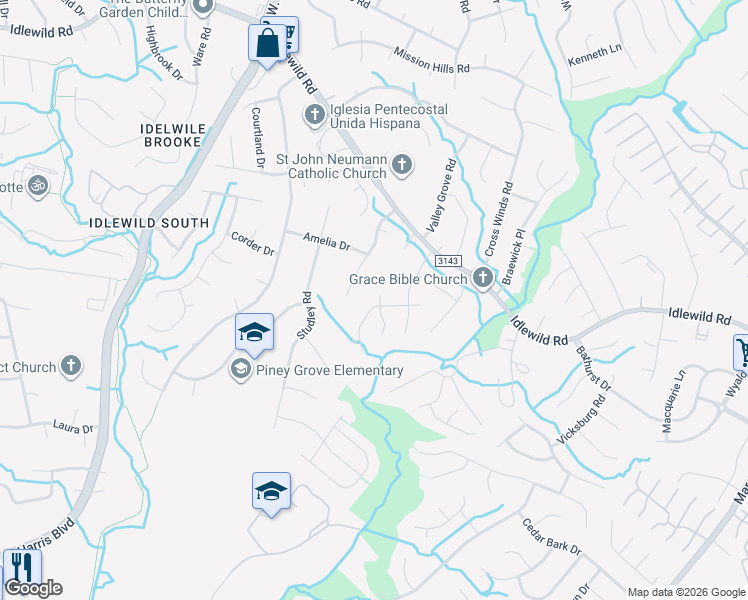 map of restaurants, bars, coffee shops, grocery stores, and more near 3001 Overlook Trail in Charlotte