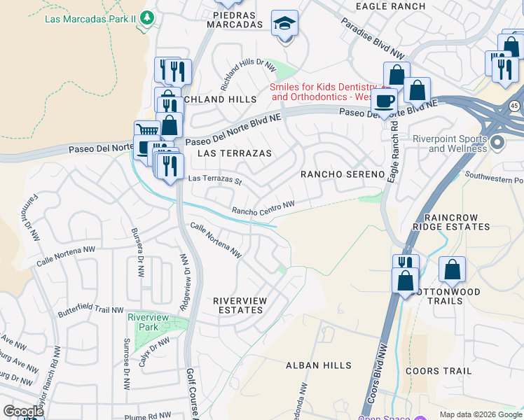 map of restaurants, bars, coffee shops, grocery stores, and more near 8109 Rancho Lago Court Northwest in Albuquerque