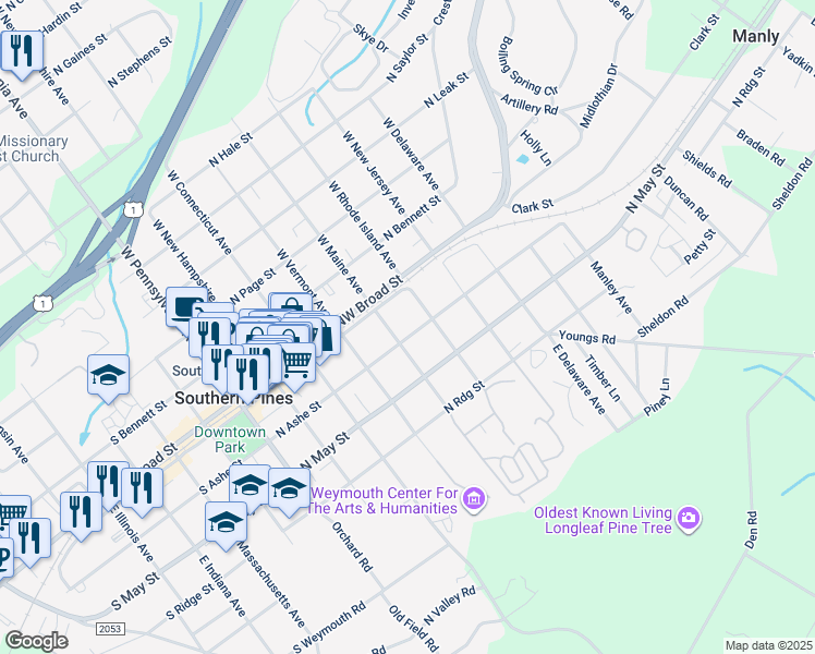 map of restaurants, bars, coffee shops, grocery stores, and more near 530 North Ashe Street in Southern Pines