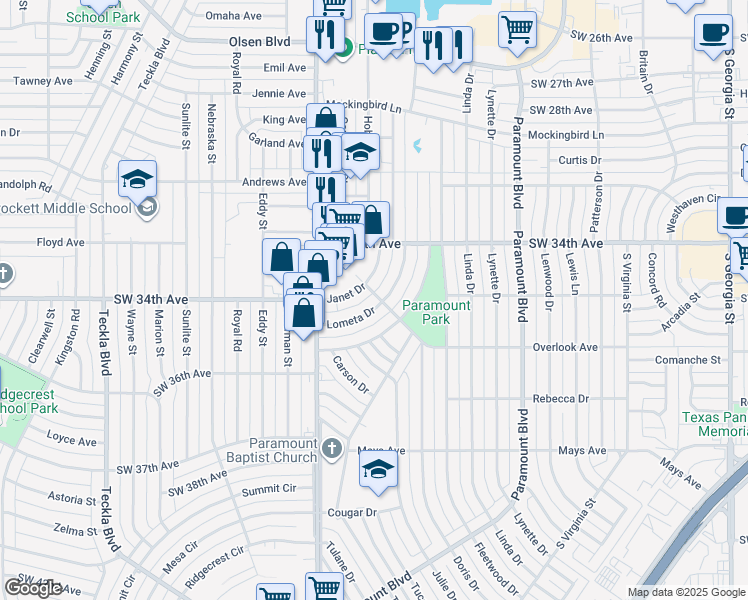 map of restaurants, bars, coffee shops, grocery stores, and more near 3500 Lometa Drive in Amarillo