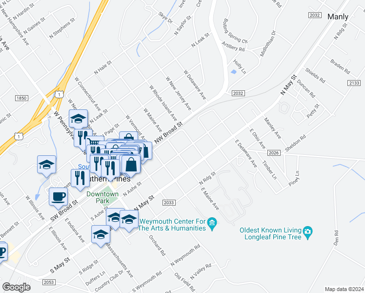 map of restaurants, bars, coffee shops, grocery stores, and more near 530 North Ashe Street in Southern Pines