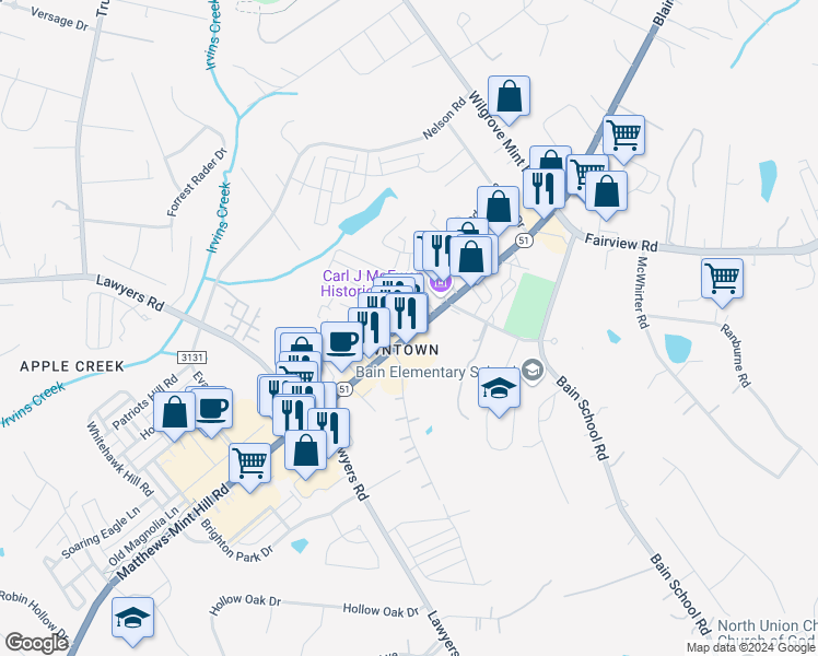 map of restaurants, bars, coffee shops, grocery stores, and more near 4520 Matthews-Mint Hill Road in Mint Hill