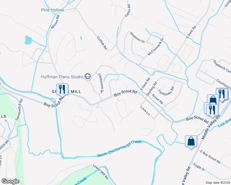 map of restaurants, bars, coffee shops, grocery stores, and more near 1151 Boy Scout Road in Middle Valley