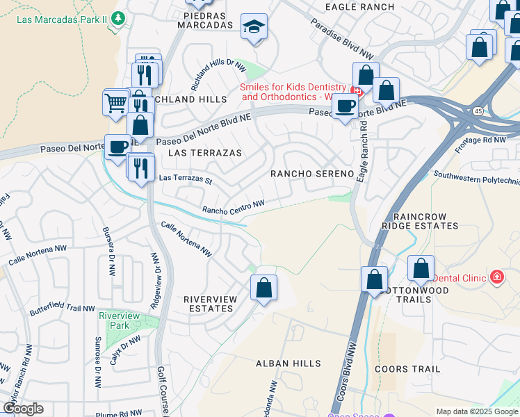map of restaurants, bars, coffee shops, grocery stores, and more near 4208 Rancho Centro Northwest in Albuquerque