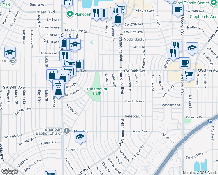 map of restaurants, bars, coffee shops, grocery stores, and more near 3501 Linda Drive in Amarillo
