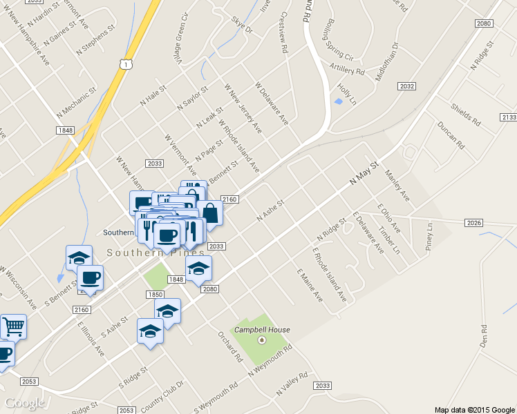 map of restaurants, bars, coffee shops, grocery stores, and more near 165 E Maine Ave in Southern Pines
