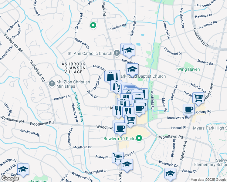 map of restaurants, bars, coffee shops, grocery stores, and more near 4000 State Road 3687 in Charlotte