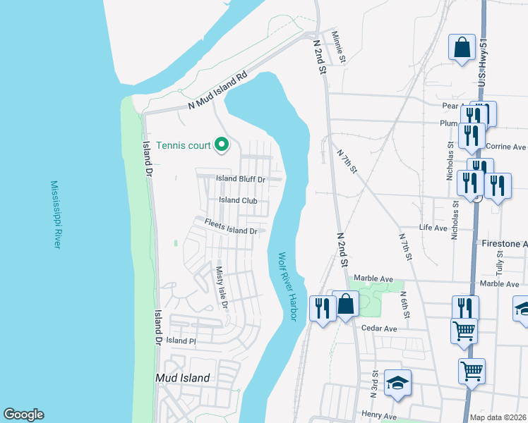 map of restaurants, bars, coffee shops, grocery stores, and more near 1331 Island Ridge Drive in Memphis