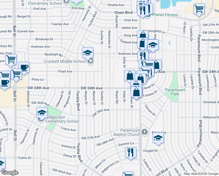 map of restaurants, bars, coffee shops, grocery stores, and more near 4600 Southwest 34th Avenue in Amarillo