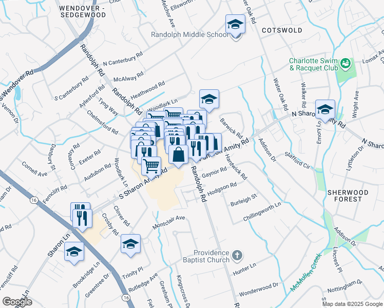 map of restaurants, bars, coffee shops, grocery stores, and more near 4475 Randolph Road in Charlotte