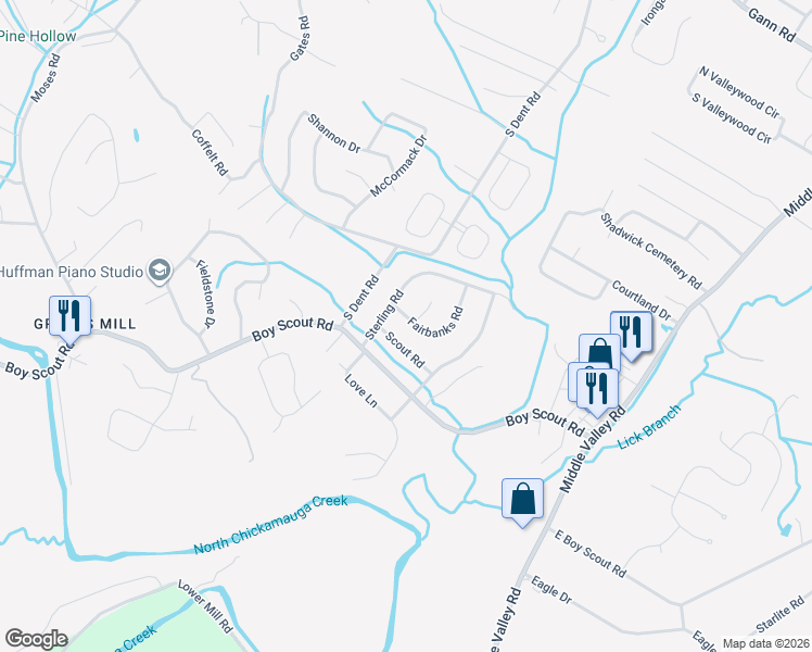 map of restaurants, bars, coffee shops, grocery stores, and more near 7204 Fairbanks Road in Middle Valley