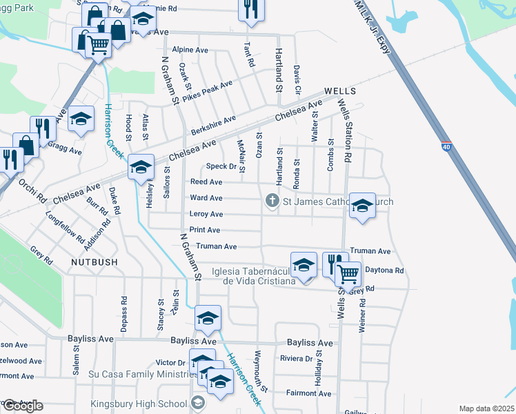 map of restaurants, bars, coffee shops, grocery stores, and more near 1637 Ozan Street in Memphis