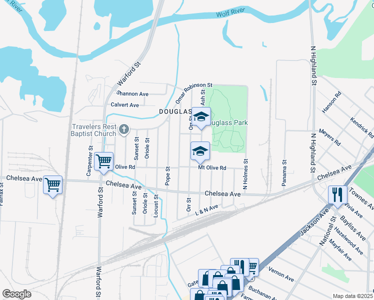 map of restaurants, bars, coffee shops, grocery stores, and more near 1613 Orr Street in Memphis