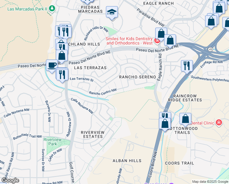 map of restaurants, bars, coffee shops, grocery stores, and more near 4208 Rancho Centro Northwest in Albuquerque