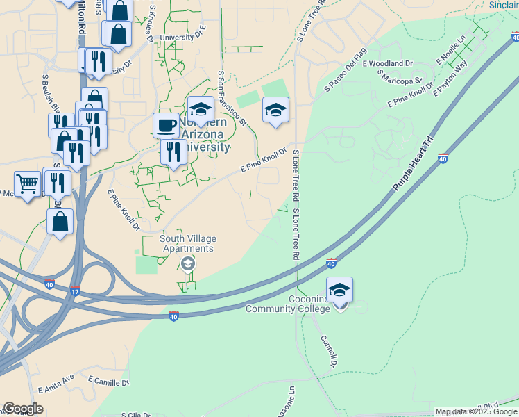 map of restaurants, bars, coffee shops, grocery stores, and more near 455 East Pine Knoll Drive in Flagstaff