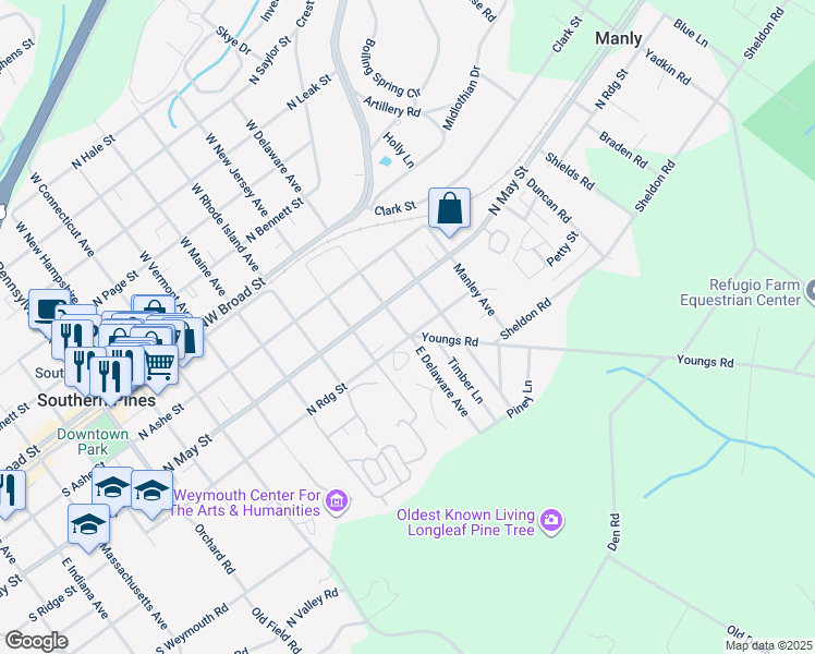 map of restaurants, bars, coffee shops, grocery stores, and more near 385 East Delaware Avenue in Southern Pines