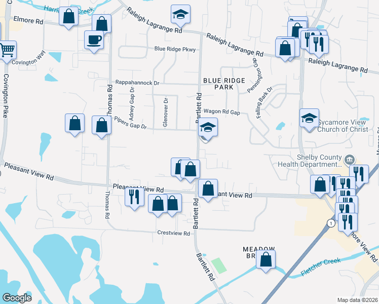 map of restaurants, bars, coffee shops, grocery stores, and more near 1865 Bartlett Road in Memphis