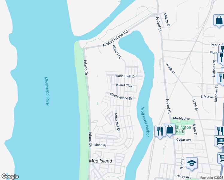 map of restaurants, bars, coffee shops, grocery stores, and more near 1325 Island Shore Drive in Memphis