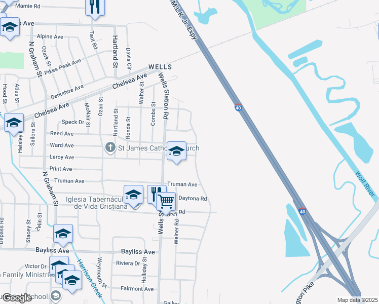 map of restaurants, bars, coffee shops, grocery stores, and more near 4384 Melinda Avenue in Memphis