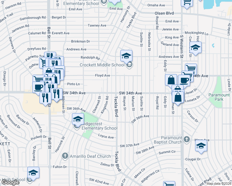 map of restaurants, bars, coffee shops, grocery stores, and more near SW 34th Ave & Teckla Blvd in Amarillo