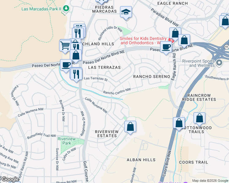 map of restaurants, bars, coffee shops, grocery stores, and more near 8109 Rancho Lago Court Northwest in Albuquerque