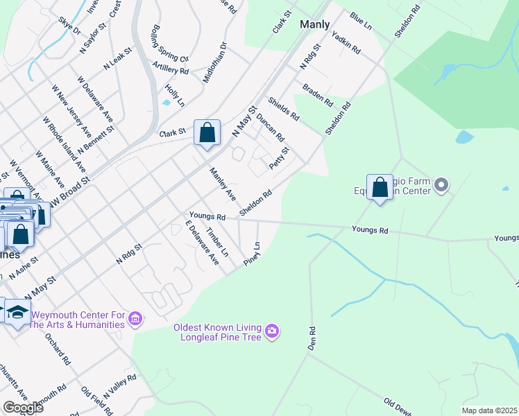 map of restaurants, bars, coffee shops, grocery stores, and more near 275 Sheldon Road in Southern Pines