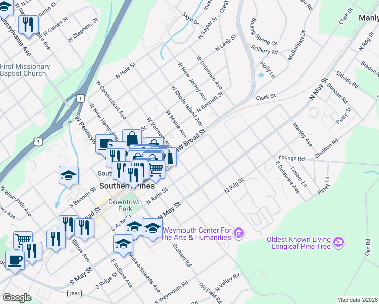 map of restaurants, bars, coffee shops, grocery stores, and more near 435 NE Broad St in Southern Pines