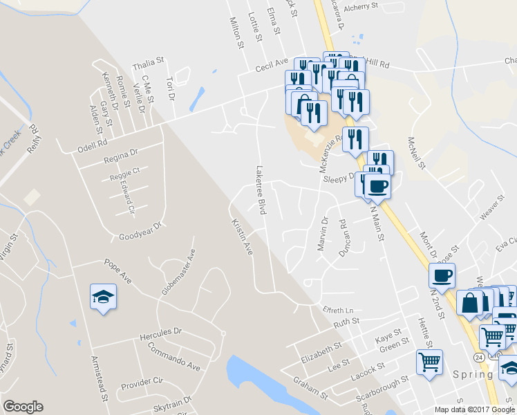 map of restaurants, bars, coffee shops, grocery stores, and more near 204 Laketree Boulevard in Spring Lake