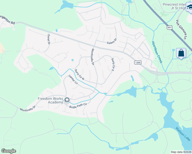 map of restaurants, bars, coffee shops, grocery stores, and more near 1355 Monticello Drive in Pinehurst