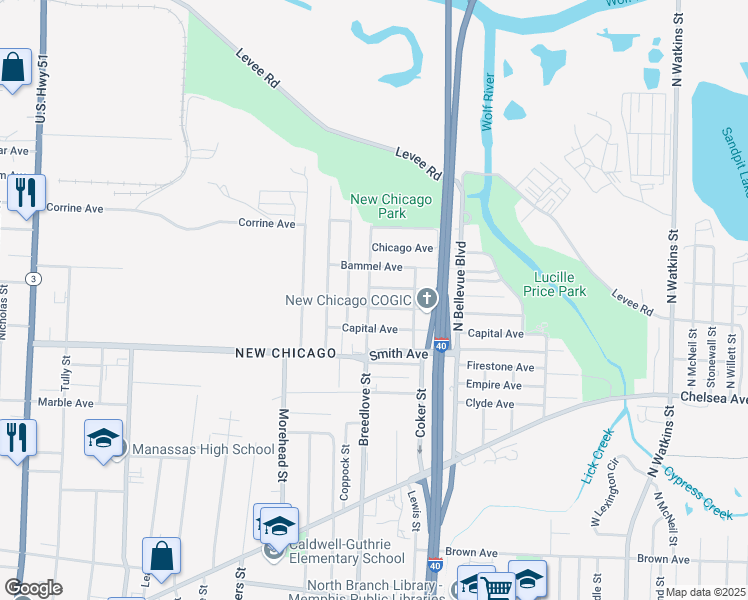 map of restaurants, bars, coffee shops, grocery stores, and more near 1338 Breedlove Street in Memphis