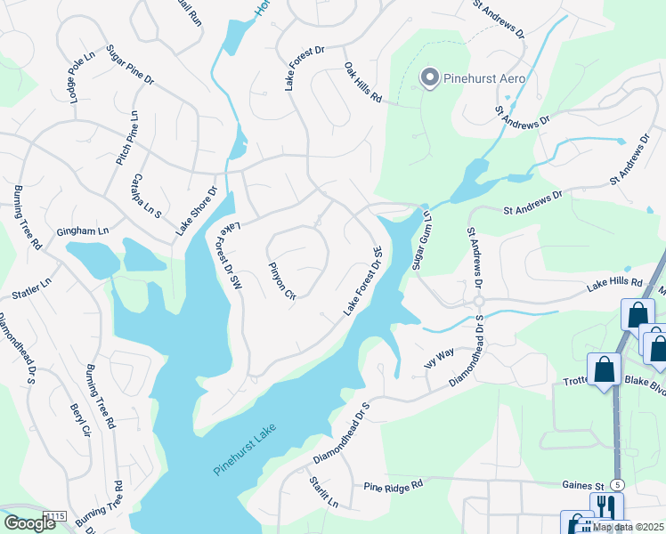 map of restaurants, bars, coffee shops, grocery stores, and more near 55 Pinyon Circle in Pinehurst