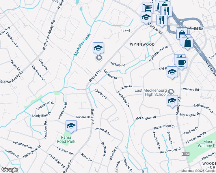 map of restaurants, bars, coffee shops, grocery stores, and more near 1800 Tartan Court in Charlotte