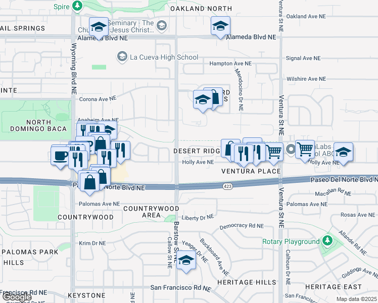 map of restaurants, bars, coffee shops, grocery stores, and more near 8100 Barstow Street Northeast in Albuquerque