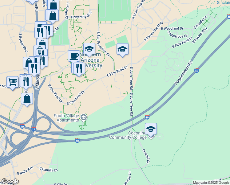 map of restaurants, bars, coffee shops, grocery stores, and more near 501 East Pine Knoll Drive in Flagstaff