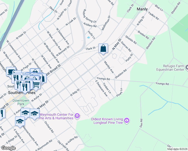 map of restaurants, bars, coffee shops, grocery stores, and more near 385 East Delaware Avenue in Southern Pines
