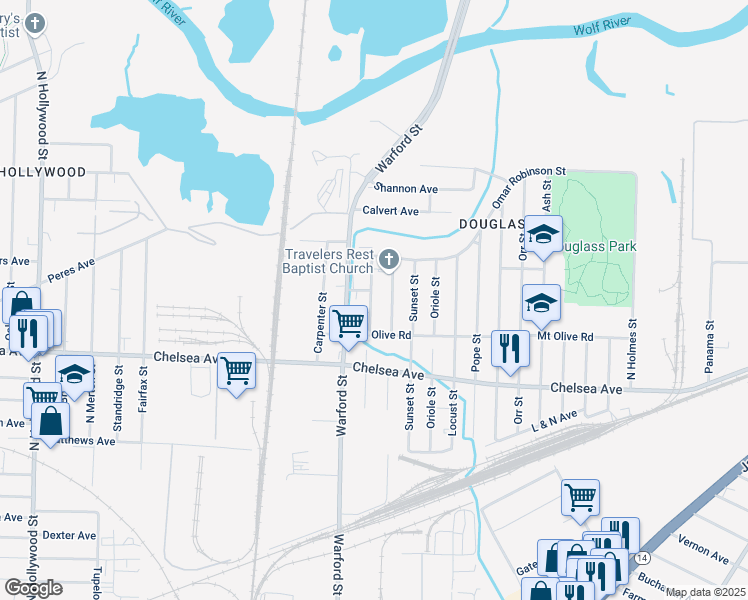 map of restaurants, bars, coffee shops, grocery stores, and more near 1610 Lake Grove Street in Memphis