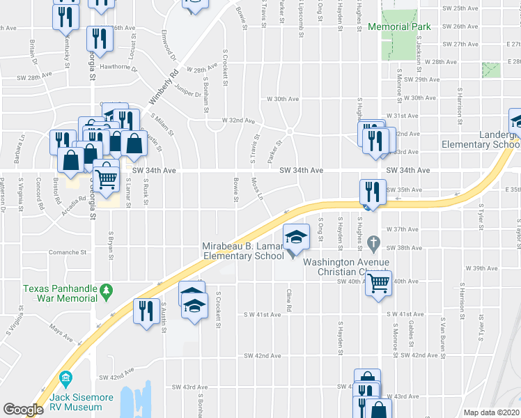 map of restaurants, bars, coffee shops, grocery stores, and more near 3512 Moss Lane in Amarillo