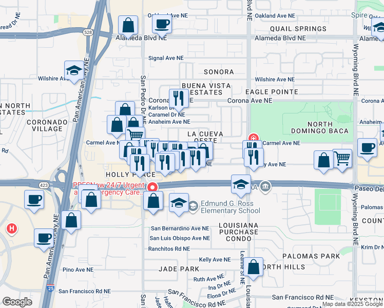 map of restaurants, bars, coffee shops, grocery stores, and more near 8216 Ville Court Northeast in Albuquerque