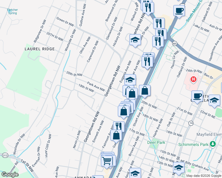 map of restaurants, bars, coffee shops, grocery stores, and more near 1904 Georgetown Road Northwest in Cleveland