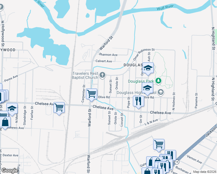 map of restaurants, bars, coffee shops, grocery stores, and more near 1607 Sunset Street in Memphis