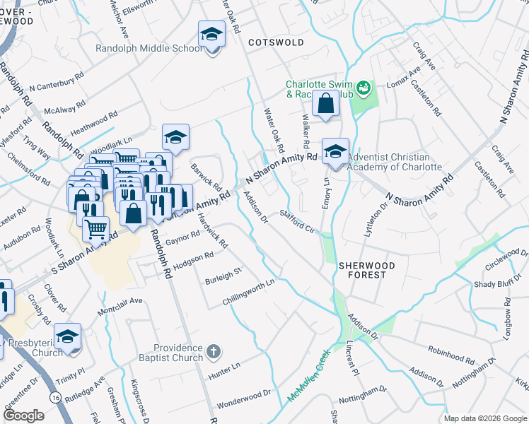 map of restaurants, bars, coffee shops, grocery stores, and more near 4643 Addison Drive in Charlotte