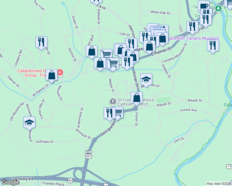 map of restaurants, bars, coffee shops, grocery stores, and more near 208 Maple Street in Franklin