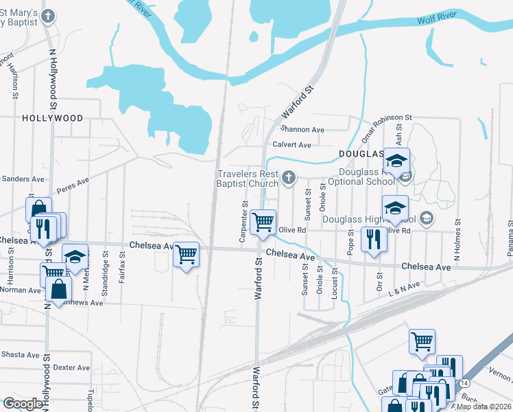 map of restaurants, bars, coffee shops, grocery stores, and more near 1611 Warford Street in Memphis