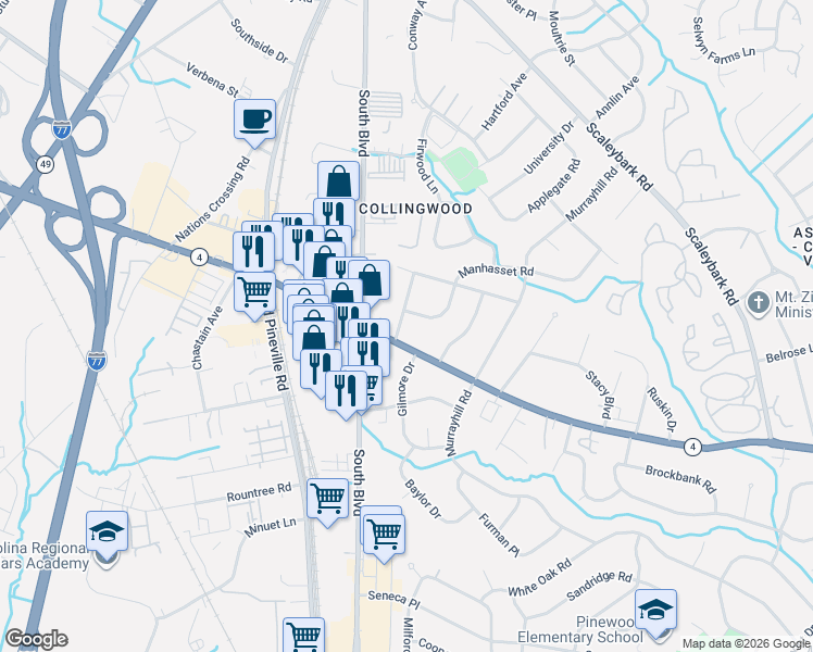 map of restaurants, bars, coffee shops, grocery stores, and more near 4641 Connecting Road in Charlotte
