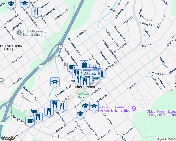 map of restaurants, bars, coffee shops, grocery stores, and more near 250 North Bennett Street in Southern Pines
