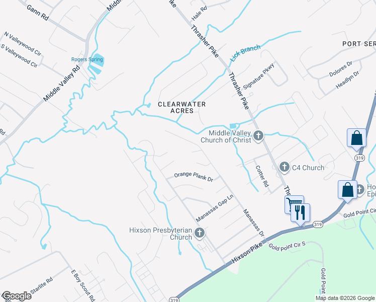 map of restaurants, bars, coffee shops, grocery stores, and more near 6501 Brigade Lane in Middle Valley
