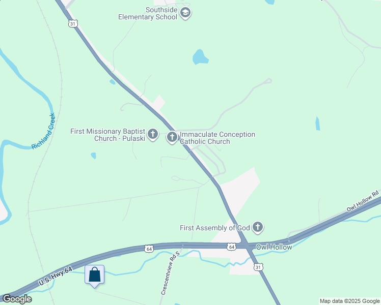 map of restaurants, bars, coffee shops, grocery stores, and more near Lyle Lane in Pulaski