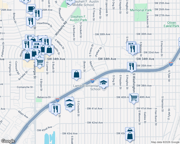 map of restaurants, bars, coffee shops, grocery stores, and more near 3512 Moss Lane in Amarillo